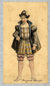 32670 Afbeelding van een kostuumontwerp van Diego de Arrogo, figurant in de maskerade van de studenten van de Utrechtse ...